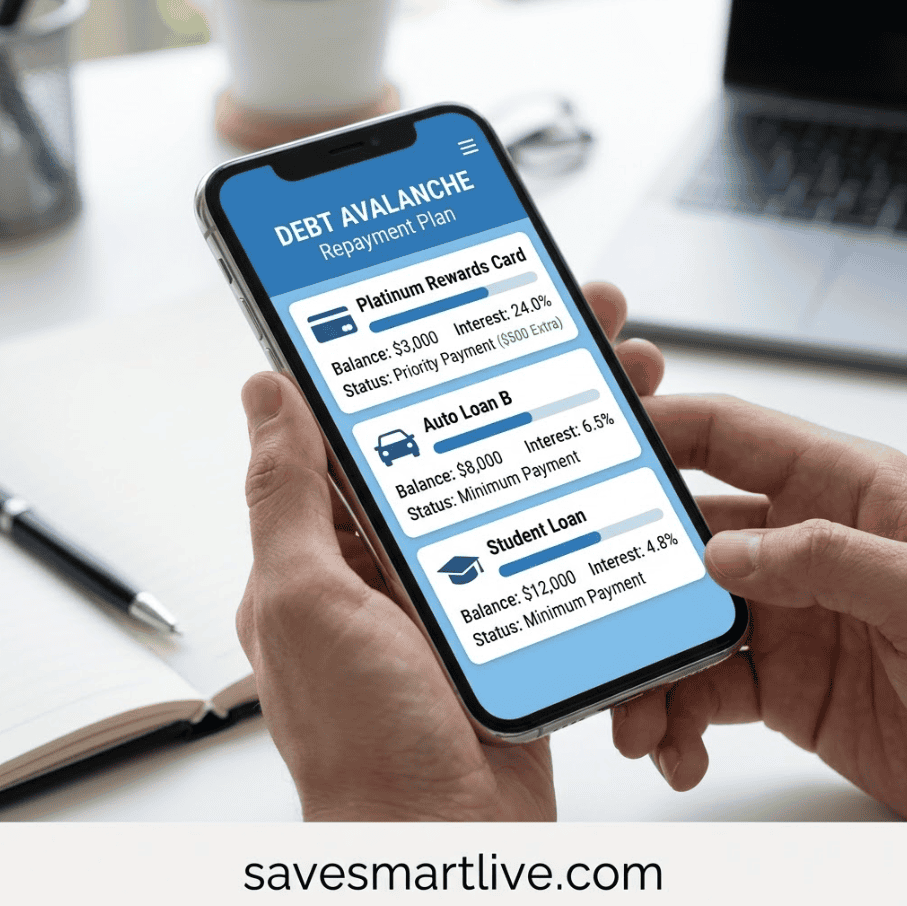 Debt repayment options on a mobile app showing debt avalanche plan details.