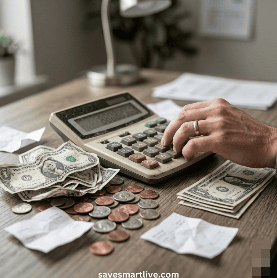 Person calculating debt repayment options with cash and calculator.