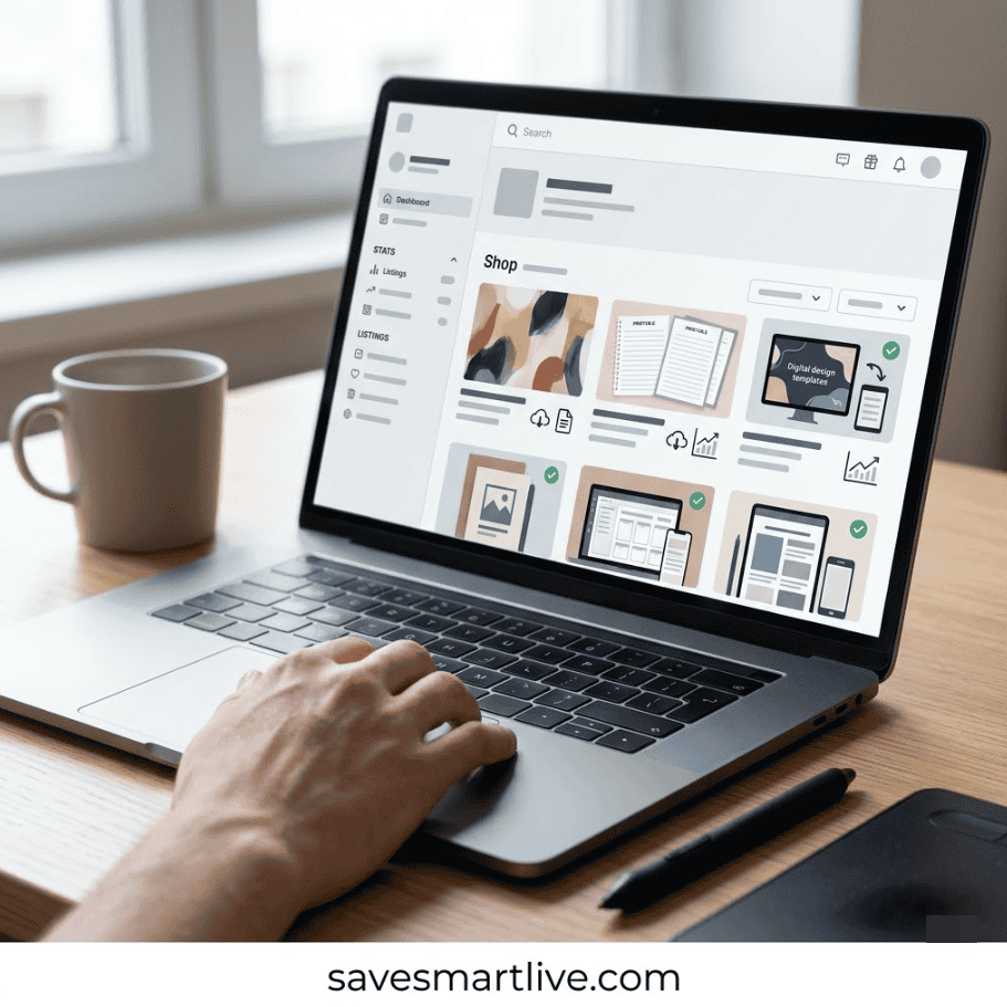 Person working on a laptop with online shop and digital content on screen.