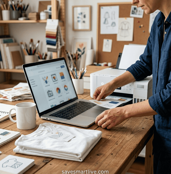 Person working on laptop with side hustle products on desk, creative workspace.