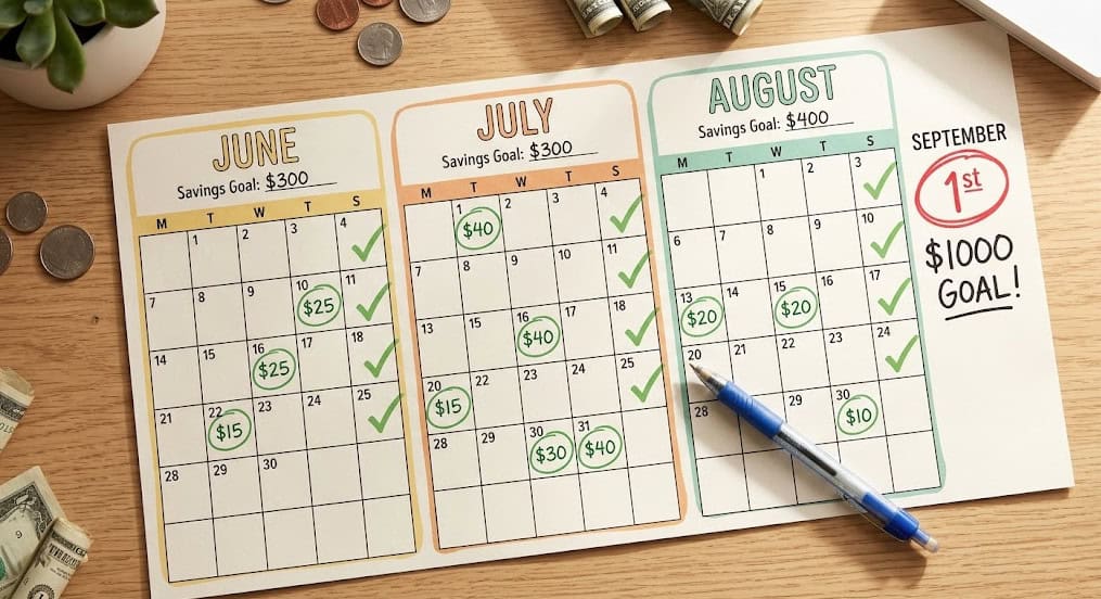 Hand-drawn budget planner with icons for savings, expenses, and financial goals.
