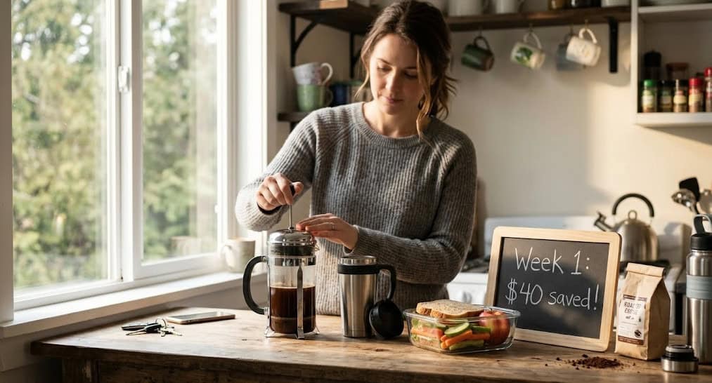 Woman preparing coffee in a bright kitchen with savings plan sign.