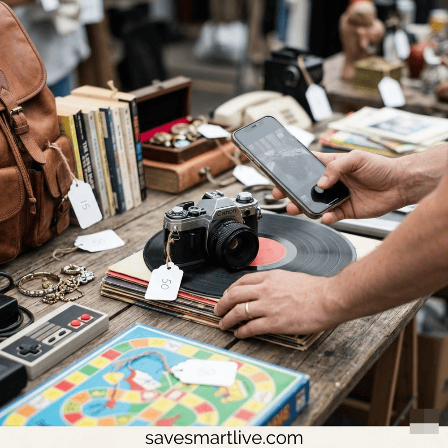 Vintage camera and smartphone on a flea market table with collectibles and books.