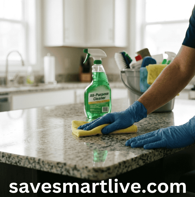 All-purpose cleaner being used to clean a kitchen countertop.
