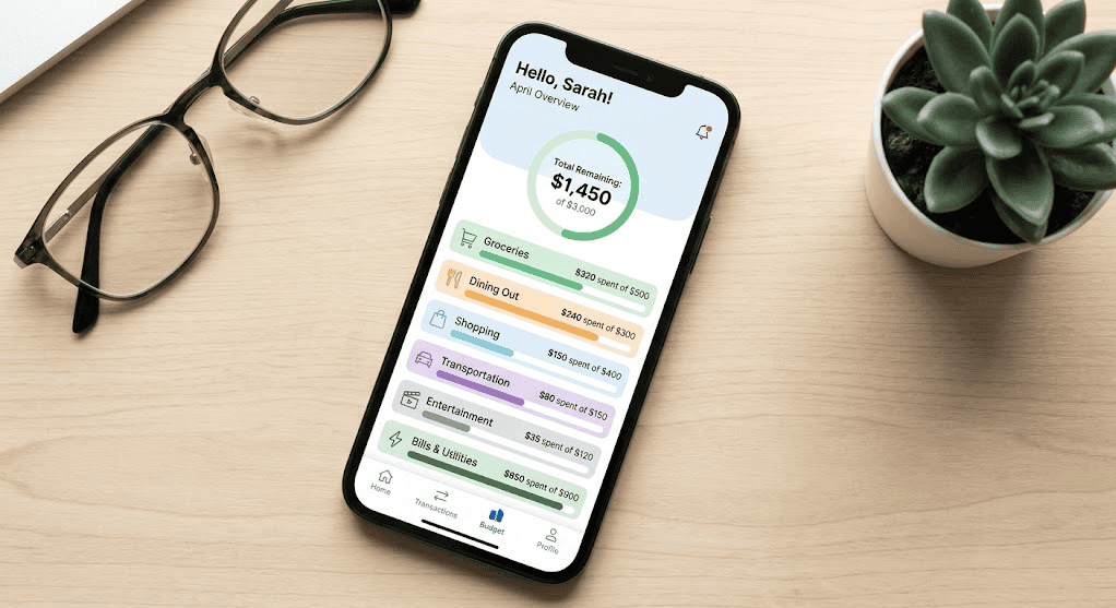Mobile app screen showing a monthly budget overview on a smartphone.