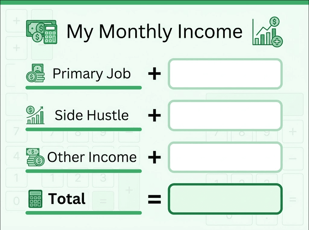 Budget planning chart for managing primary job, side hustle, and other income sources.