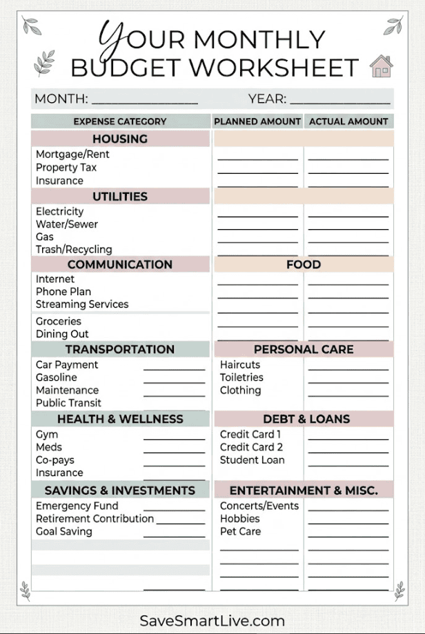 Budget worksheet to organize expenses and savings for effective money management.