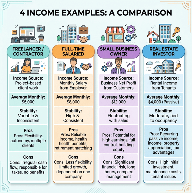 Income comparison for freelancer, full-time, small business, and real estate investor.