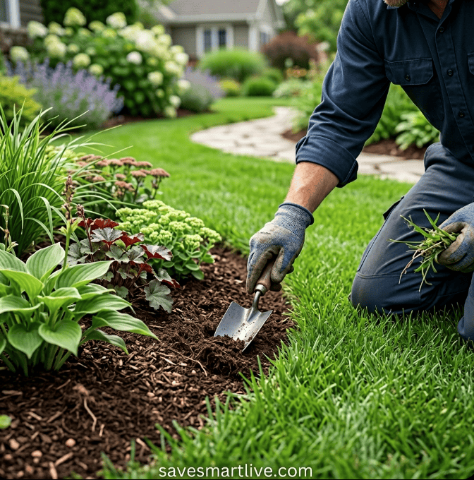 Garden worker planting flowers in a lush, green yard.
