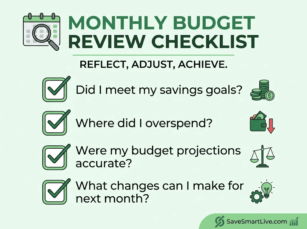Monthly budget review checklist with savings tips and financial goals.