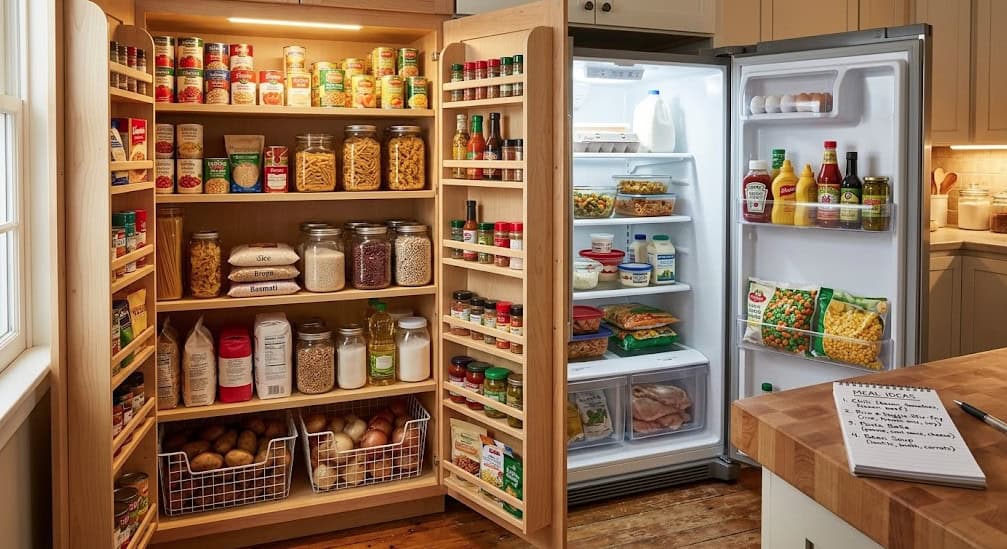Efficient pantry storage for healthy foods and snacks in a modern kitchen.