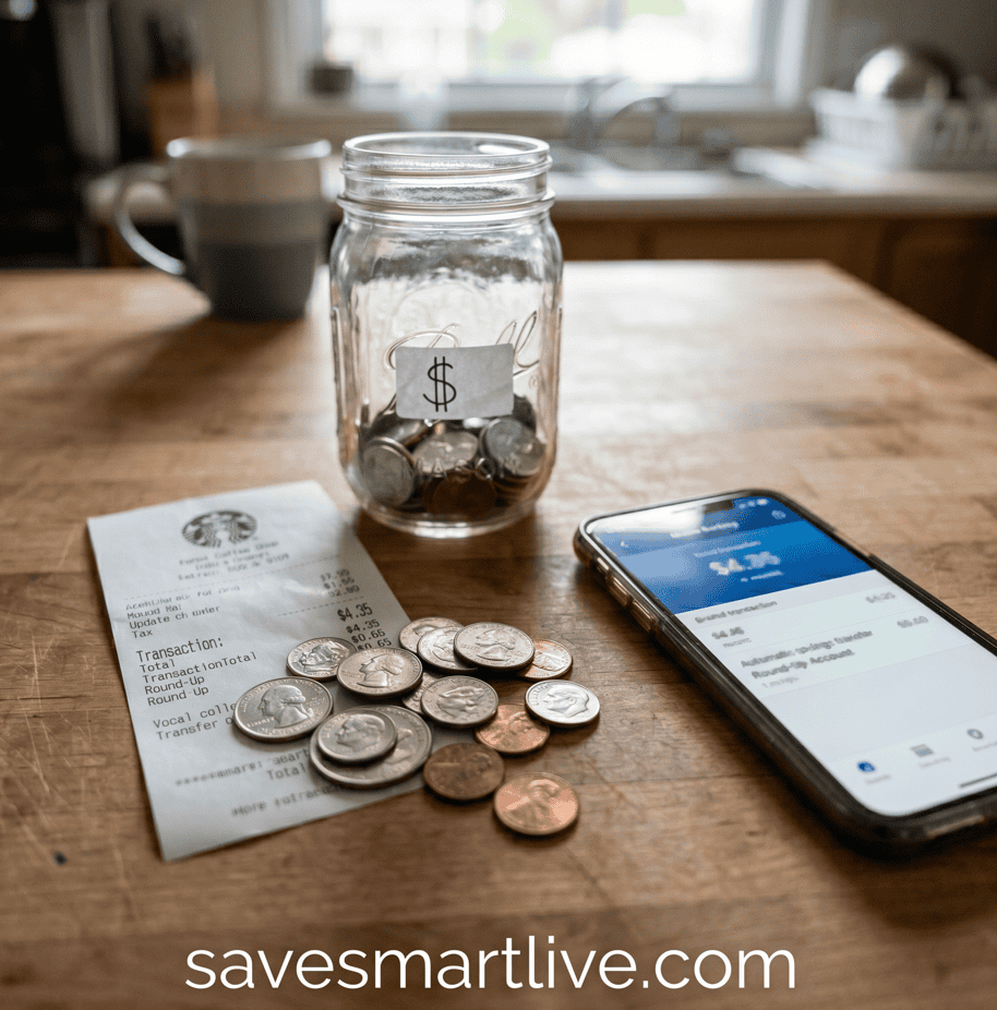 Glass jar with coins and a smartphone showing savings app on a wooden table.