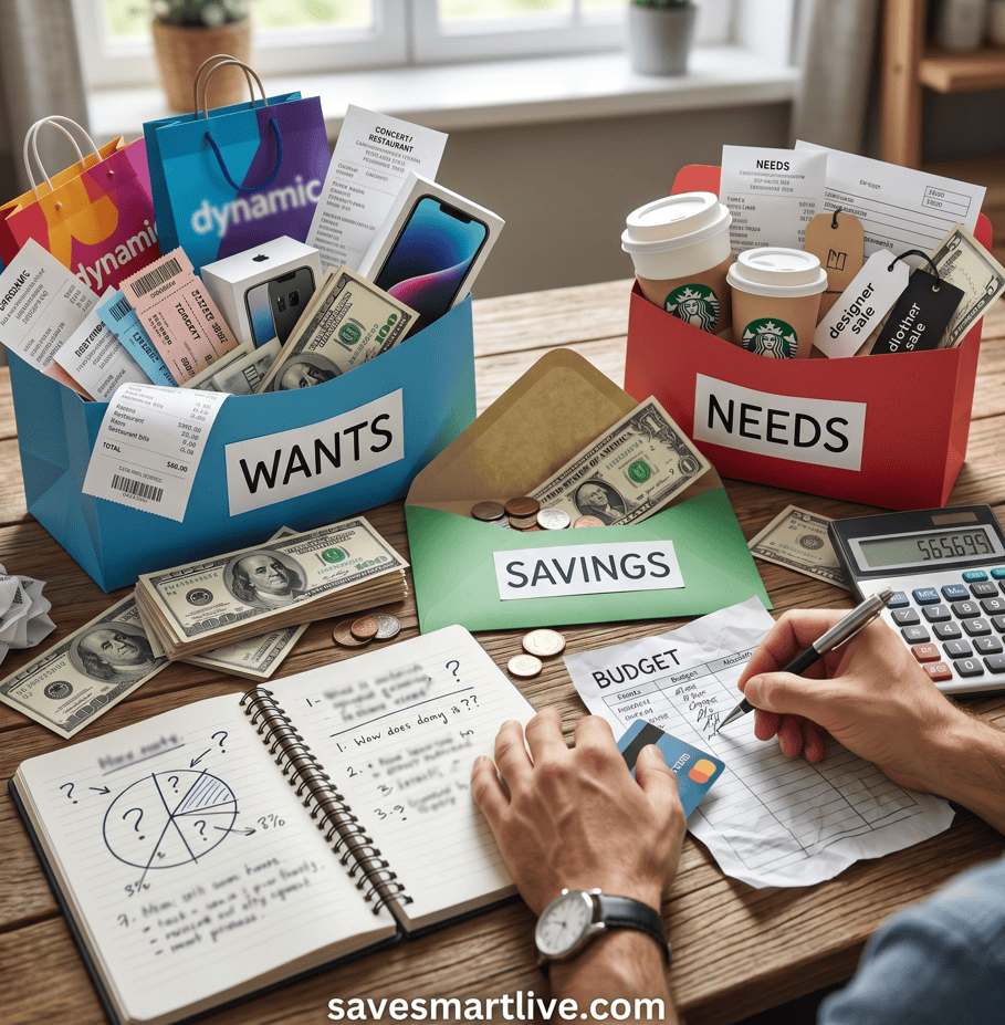 Managing money with the 50/30/20 rule, including wants, needs, and savings.