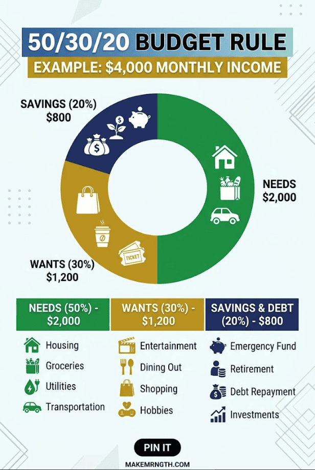 Visual guide to creating a monthly budget with savings, wants, and needs categories.