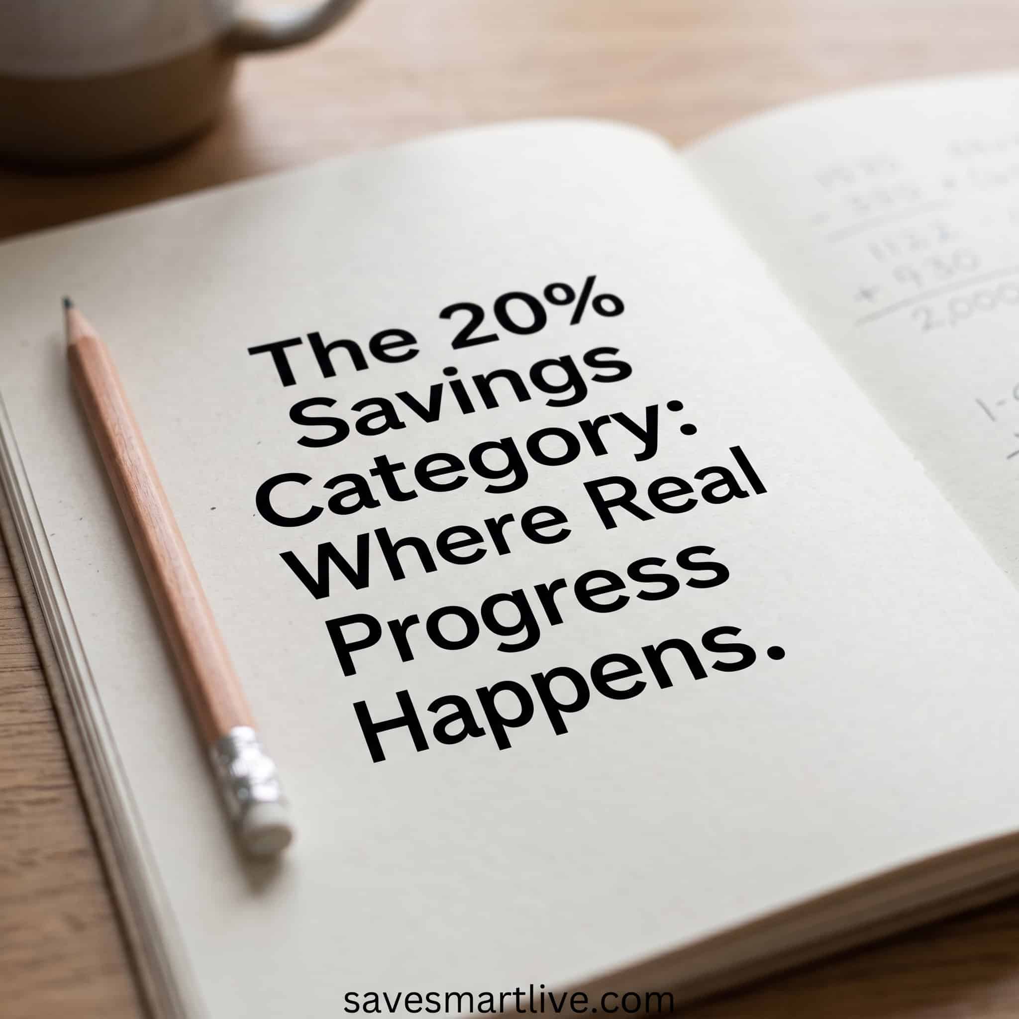 Open notebook with "The 20% Savings Category" text for financial planning.