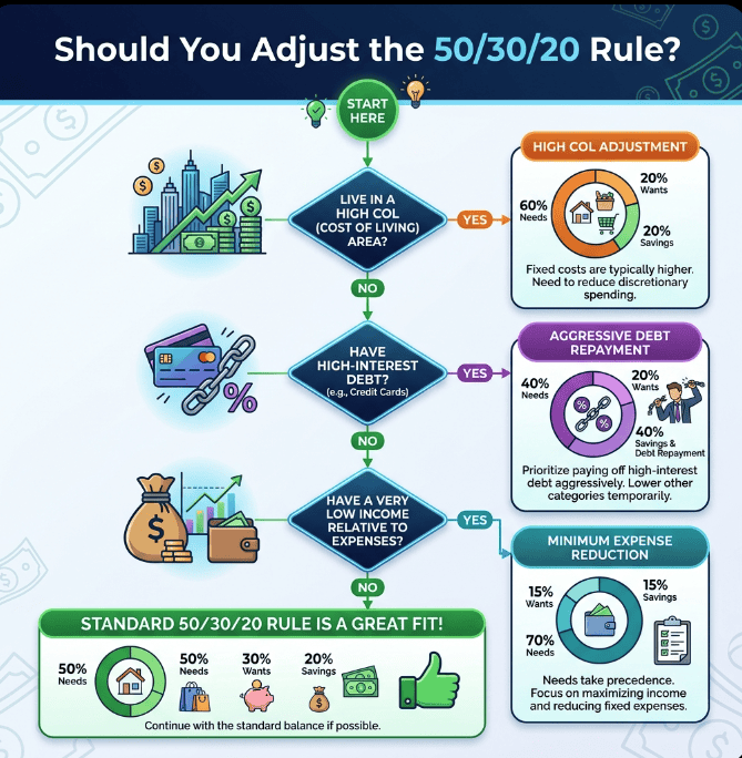 Visual guide explaining the 50/30/20 budget rule for managing personal finances.