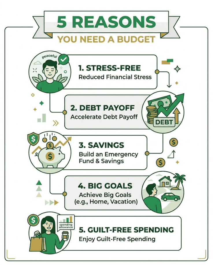 Infographic showing 5 reasons to create a budget for financial success.