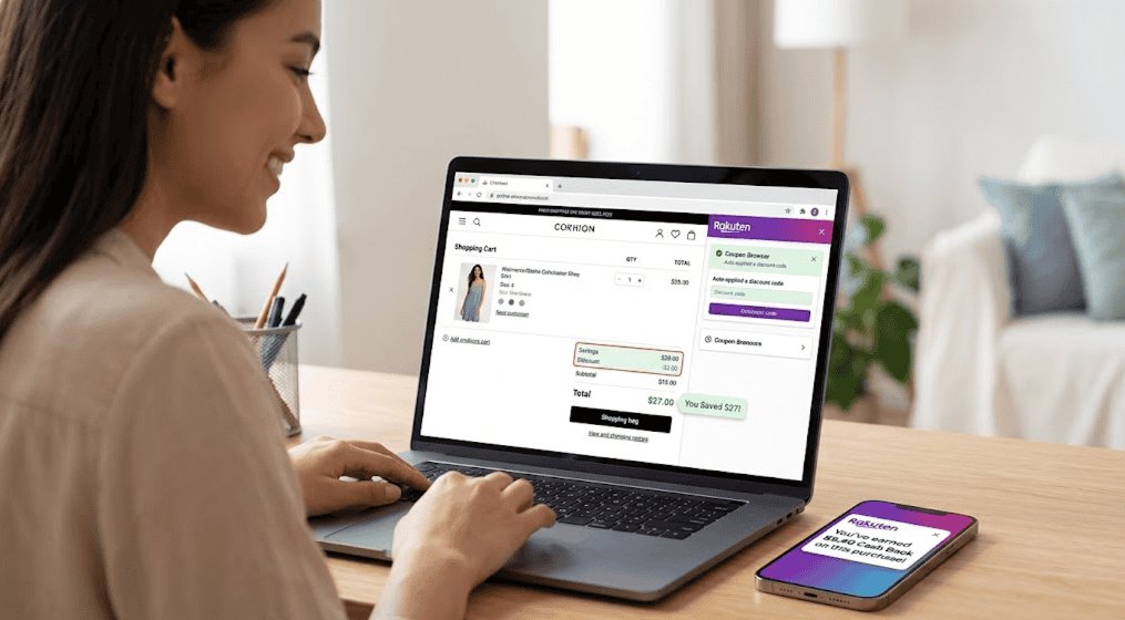 Woman using laptop and phone for budgeting and saving money tips.