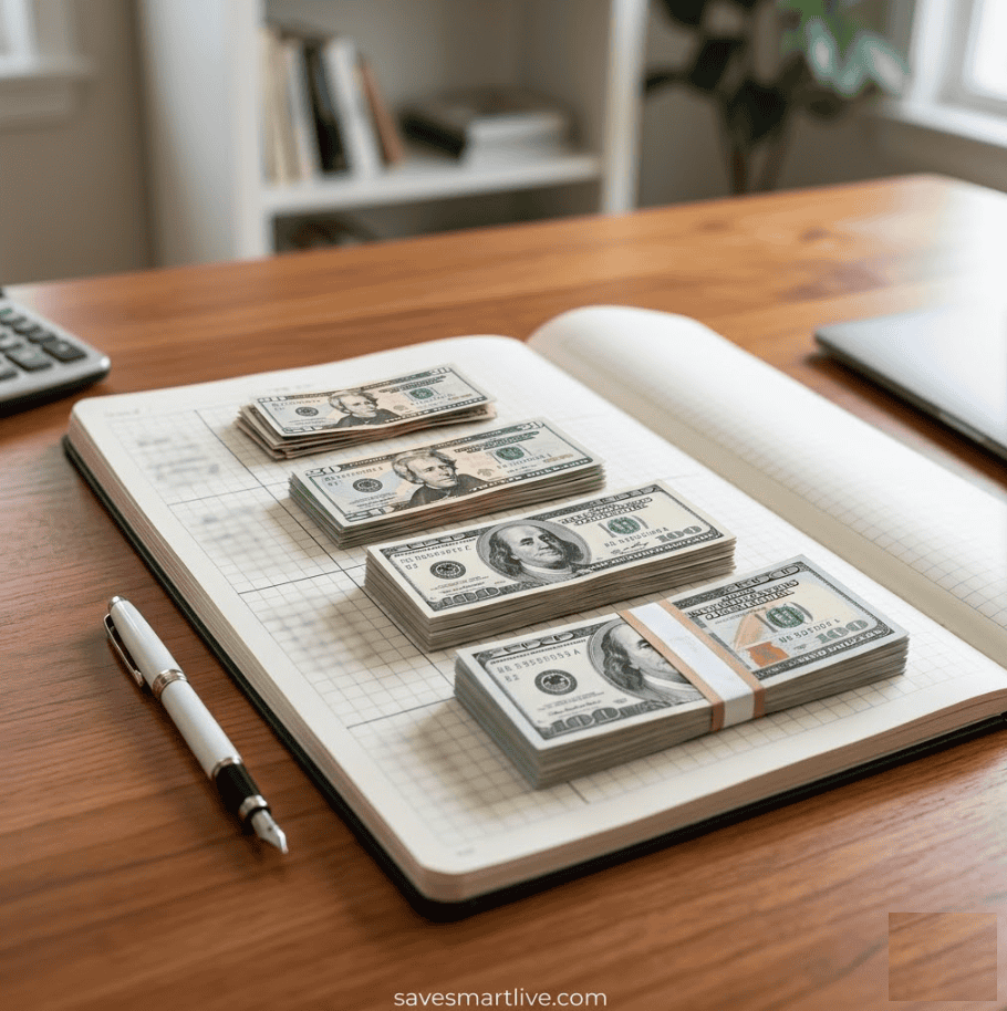 Stacks of $100 bills on a notebook for debt repayment planning.