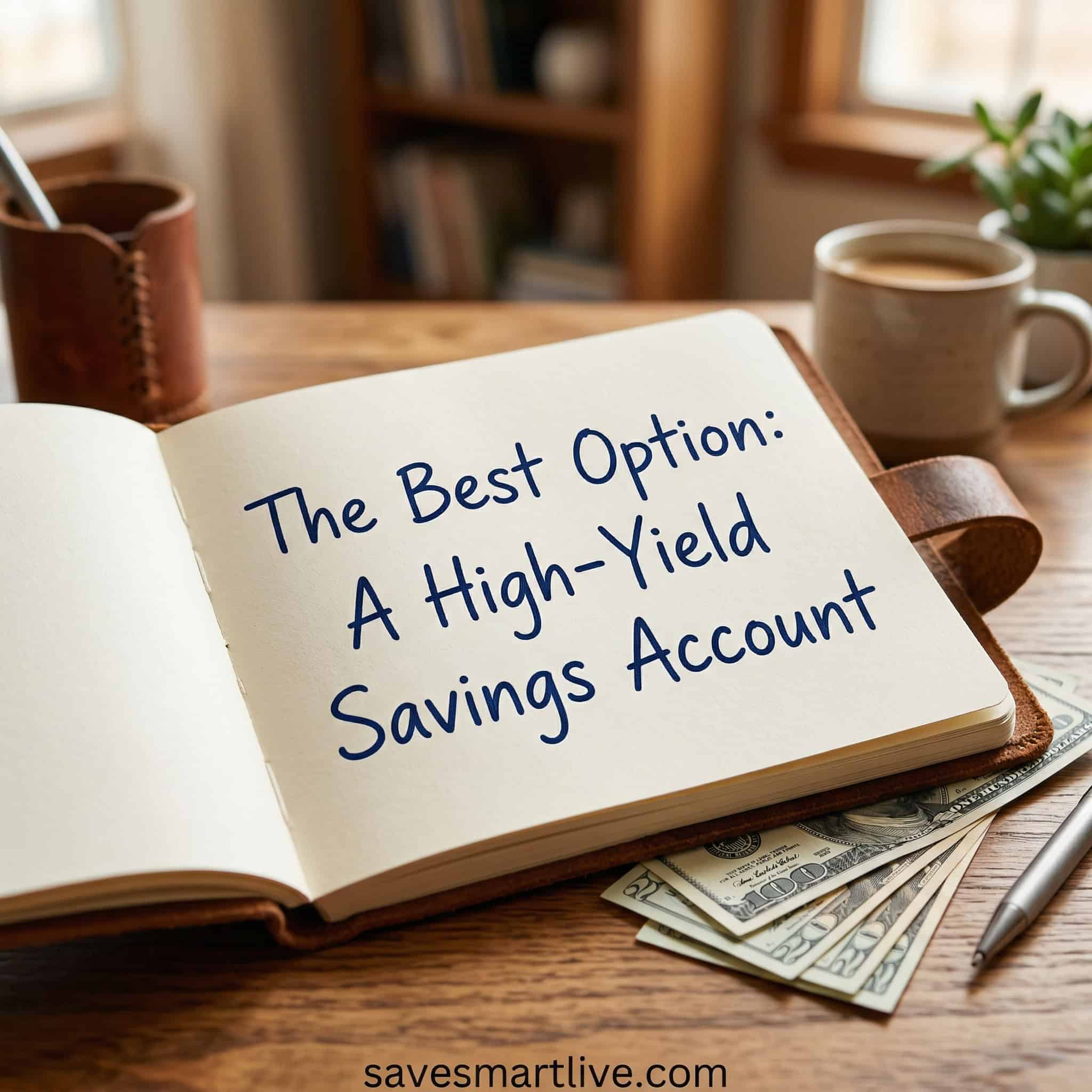Open notebook with "The Best Option: A High-Yield Savings Account" for emergency savings.