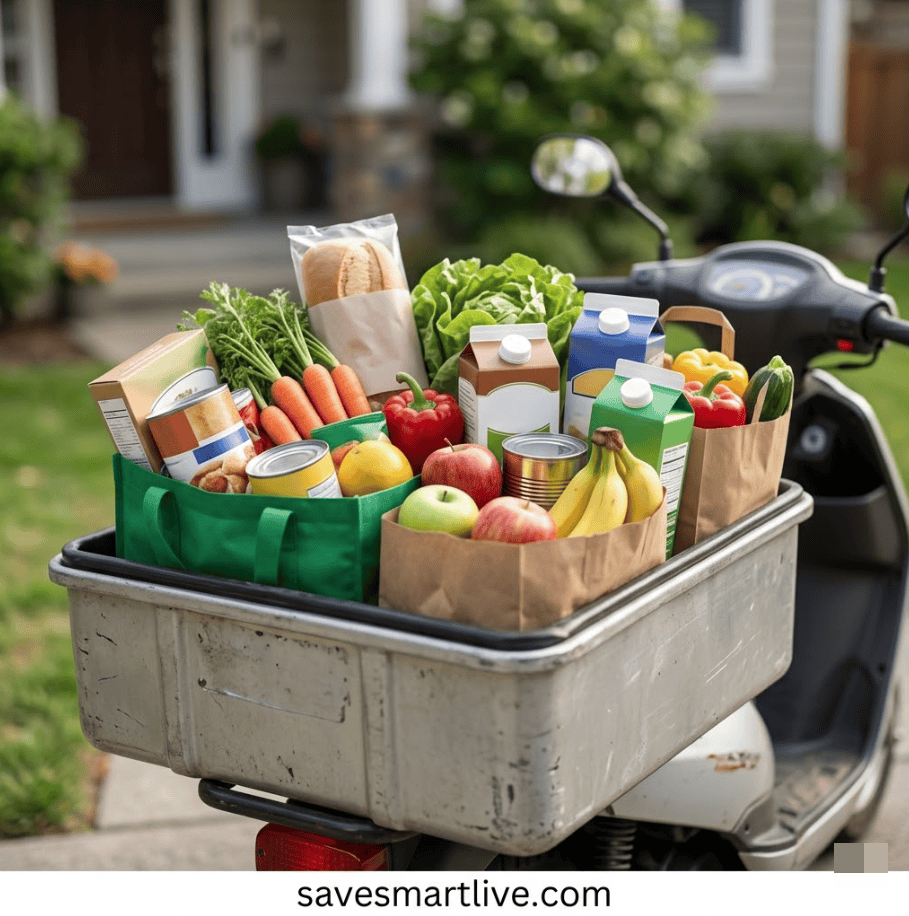 Grocery delivery scooter loaded with fresh fruits, vegetables, and essentials for convenient shoppin.