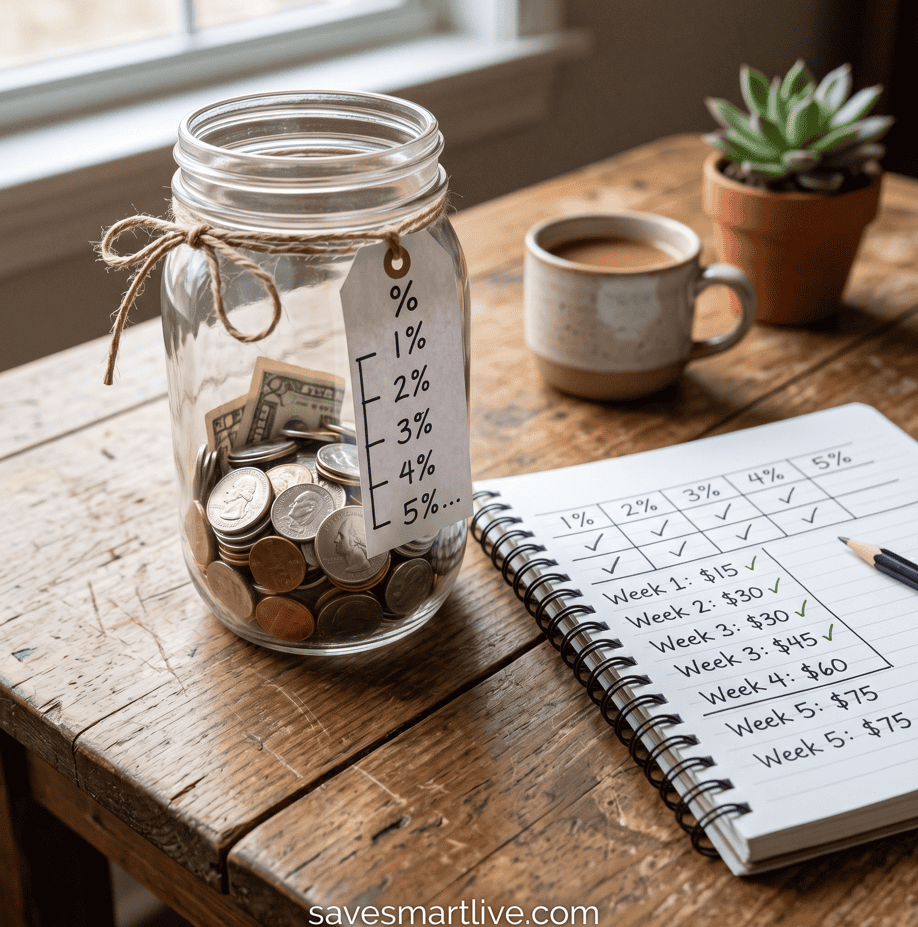 Money saving challenge jar with coins and cash, alongside a weekly savings planner on a wooden table.