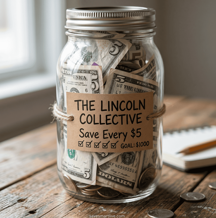Glass jar filled with cash for saving challenges, labeled "Save Every $5".