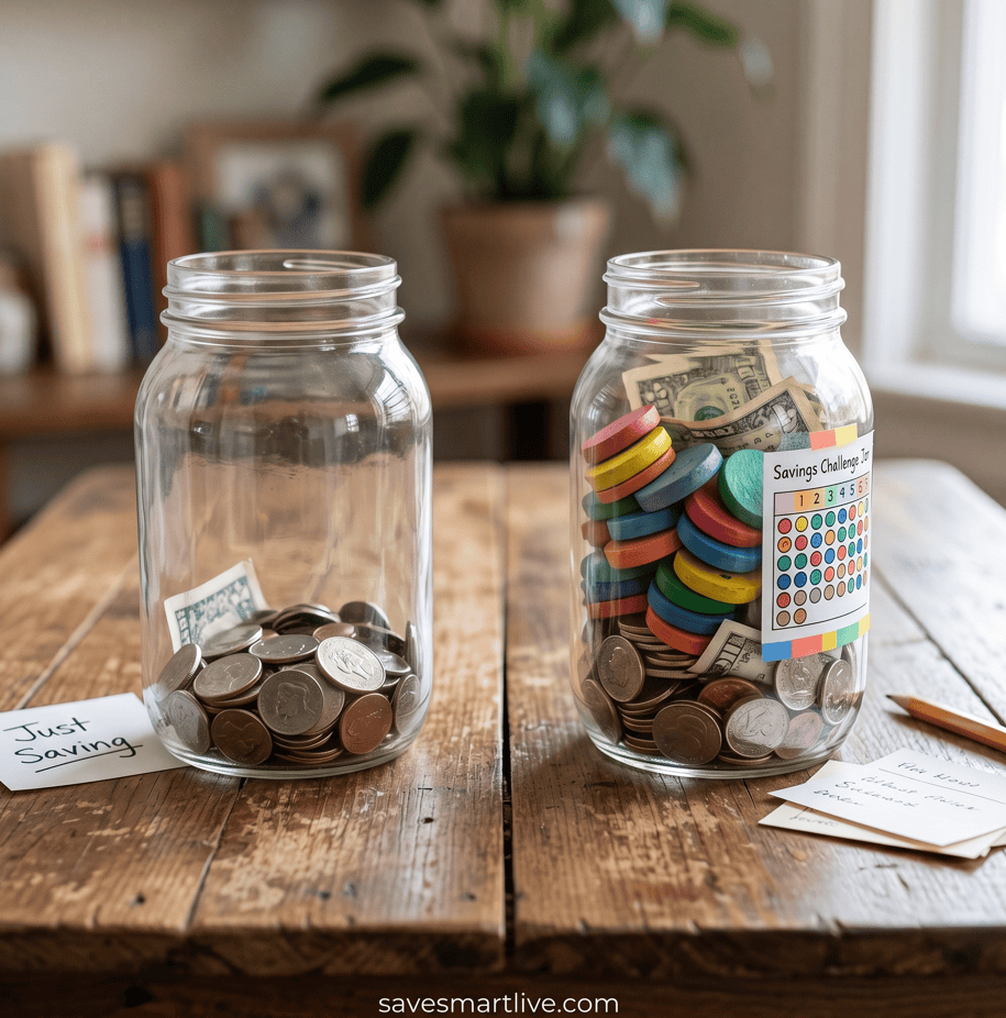 Two jars for saving money, one with coins and one with bills and colorful tokens.