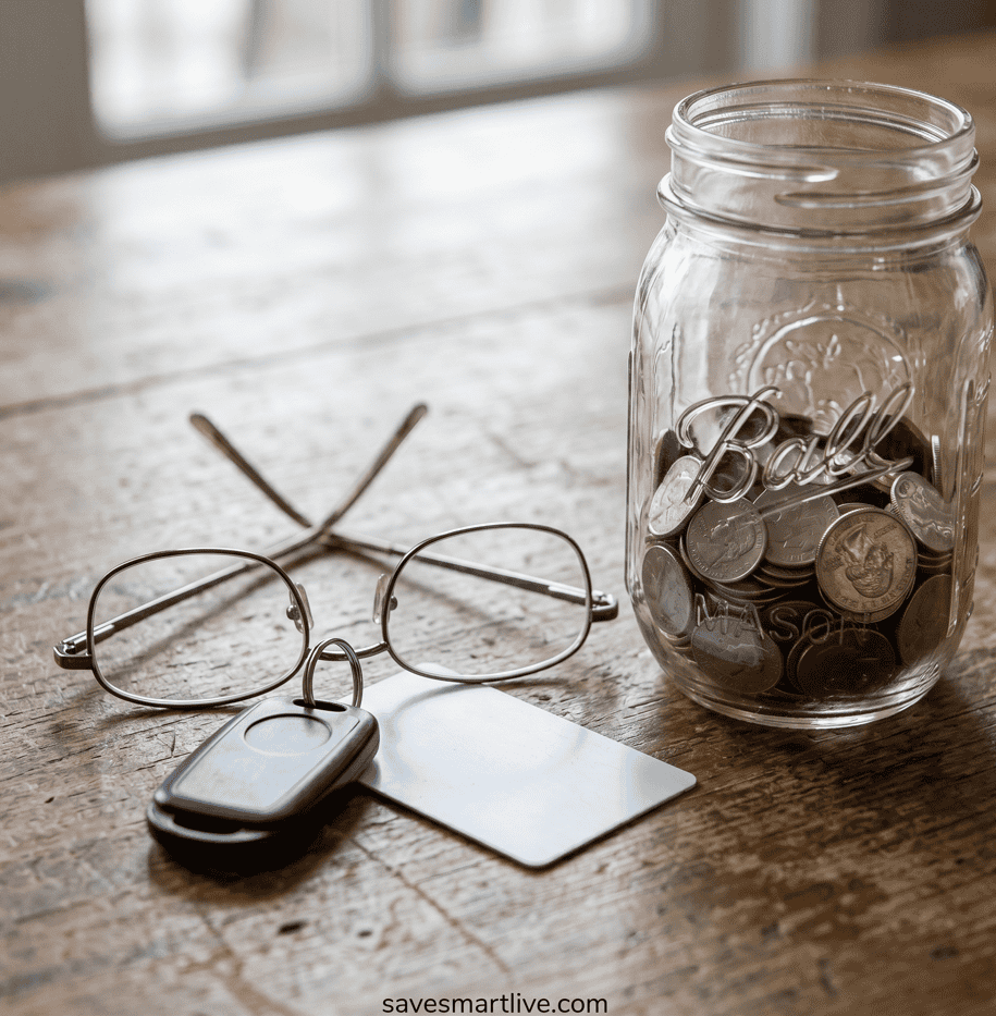 Glass jar filled with coins, glasses, and keys on wooden table for saving money.