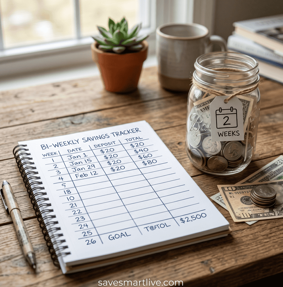 Bi-weekly savings tracker with coins and notes on a wooden desk.