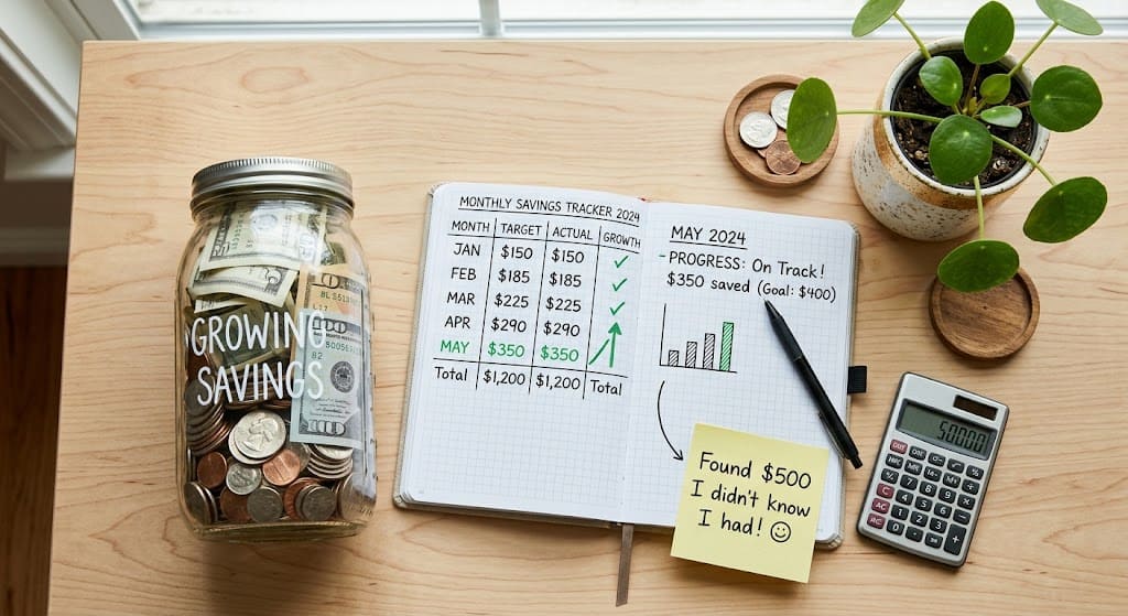 Money-saving planner with coins, notebook, and calculator for budgeting.