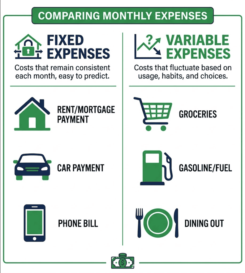 Comparison of fixed and variable expenses for effective monthly budgeting.