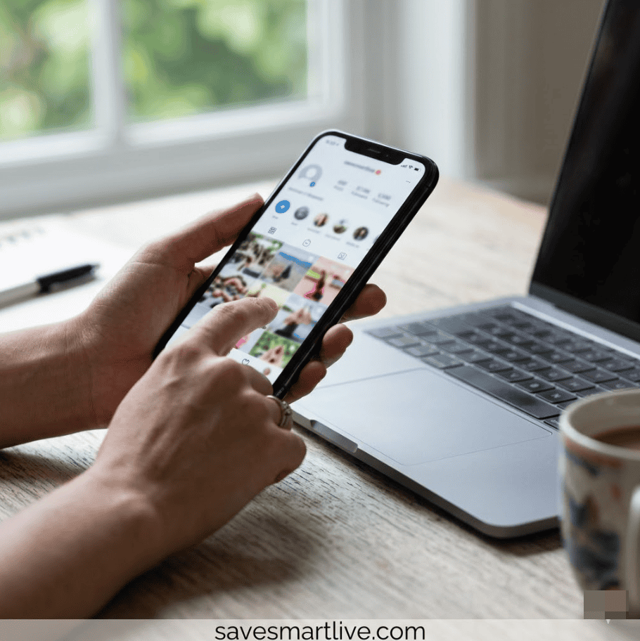 Person using smartphone with social media apps, laptop nearby, workspace setting.