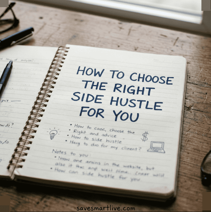 Notebook with tips on choosing the right side hustle for extra income in 2026.
