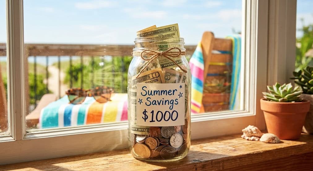 Jar with $1000 for summer savings challenge, on a windowsill with outdoor view.