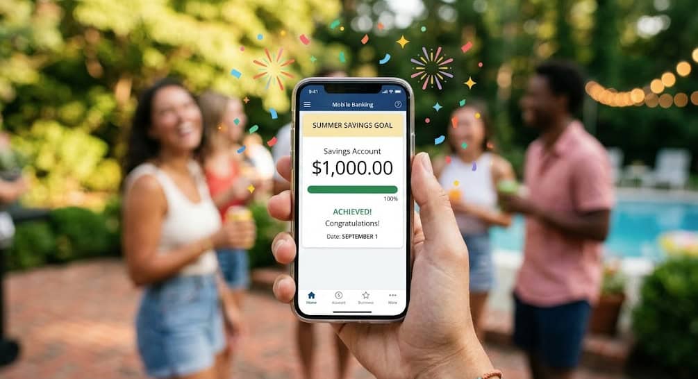 Person holding phone showing $1,000 savings goal with friends in park background.