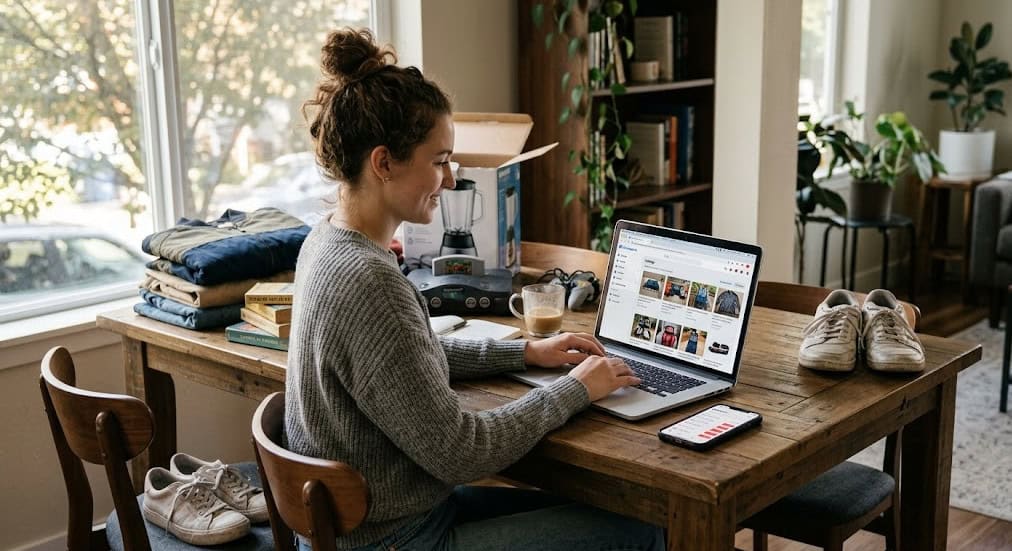 Woman working on laptop at home with savings planner on screen.