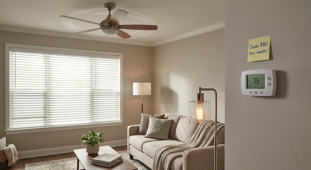 Bright living room with thermostat and note for saving $80 this month.