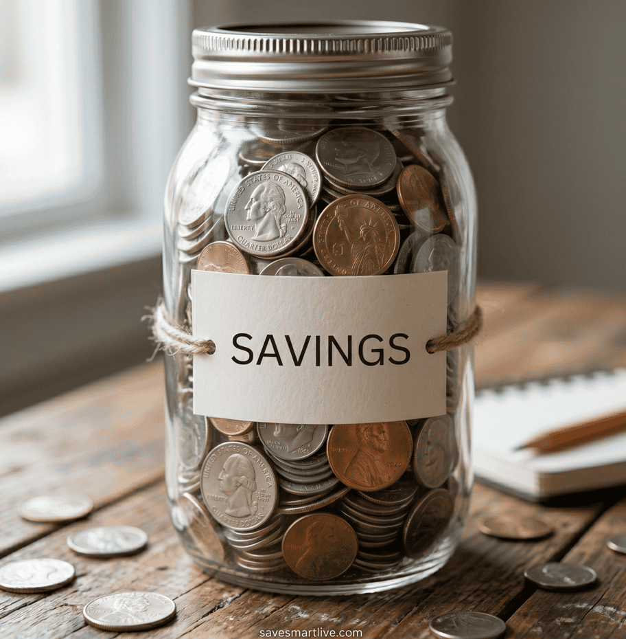 Glass jar filled with coins labeled "Savings" for money saving challenges.