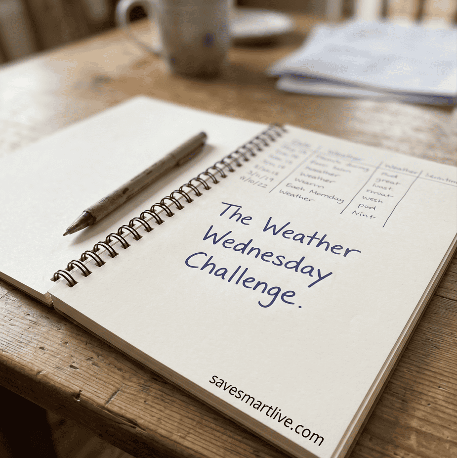 Notebook with weather challenge for Wednesday on a wooden table.