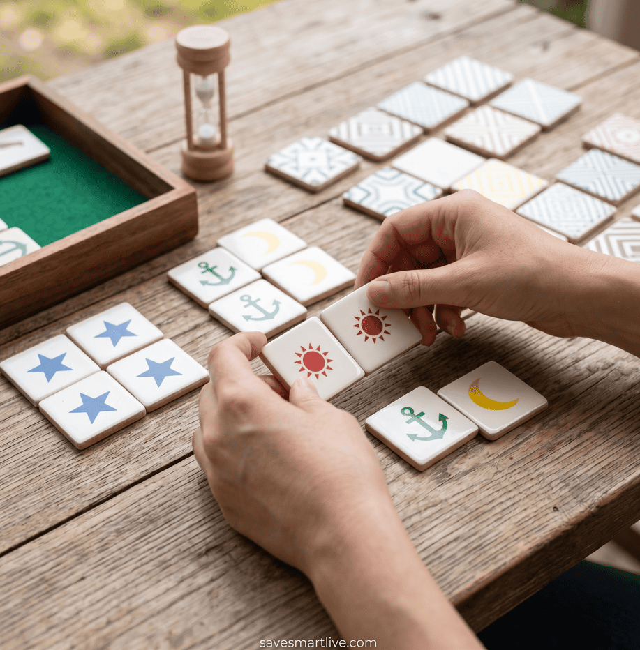 Board game with weather-themed tiles and hourglass on wooden table.