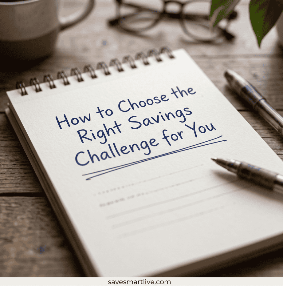 Notepad with "How to Choose the Right Savings Challenge for You" written on it, on a wooden desk.