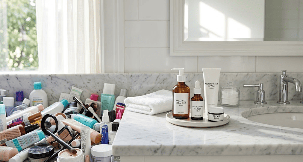 Collection of skincare and beauty products on a bathroom counter.