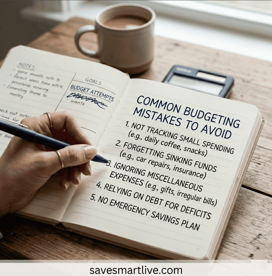 Open notebook with budget tips and common mistakes to avoid for effective monthly budgeting.