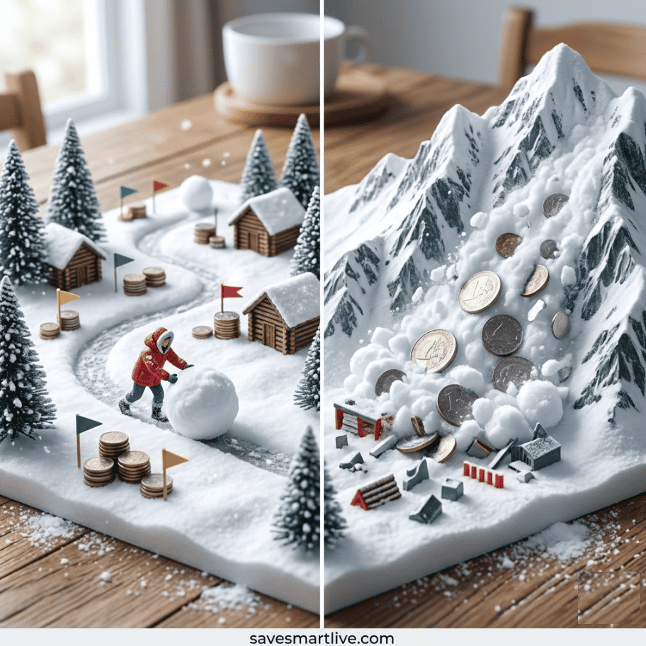 Snowball method vs debt mountain with coins for faster debt payoff.