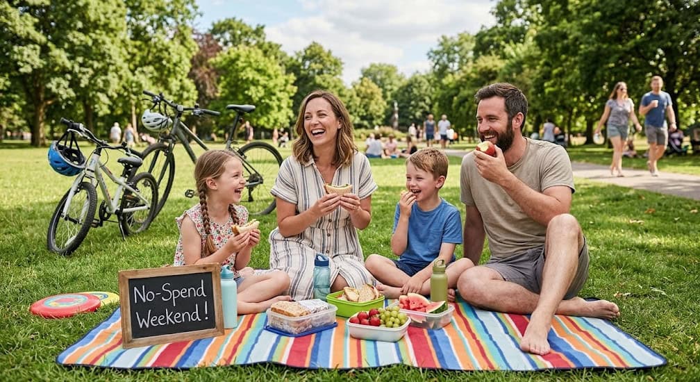 Family enjoying a picnic in the park with bicycles and a "No-Spend Weekend" sign.