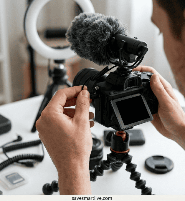 Camera with microphone and tripod for professional video recording.