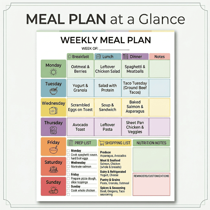 Weekly meal plan for family of four with grocery list and meal ideas.