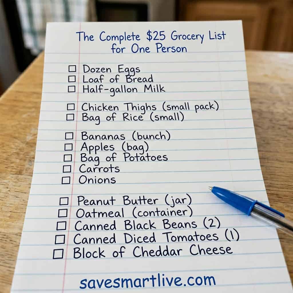 Complete and affordable $25 grocery list for one person with essential food items