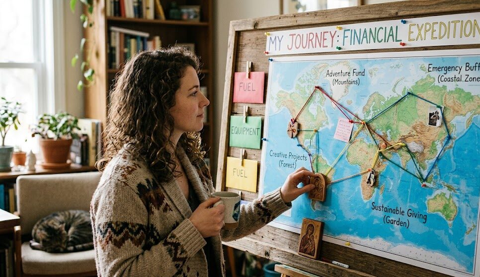 Woman analyzing financial journey map on a world-themed board for smart savings and investments.